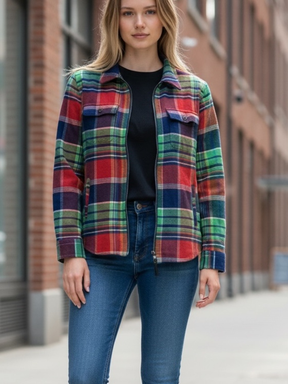 RALPH LAUREN Chaps Flannel Madras Plaid Zip Front Jacket Size Large Fall Cozy